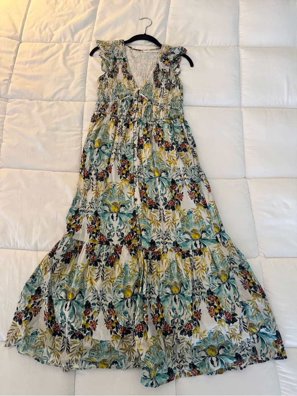 Anthropologie Teal and Yellow Floral Tiered Maxi Dress